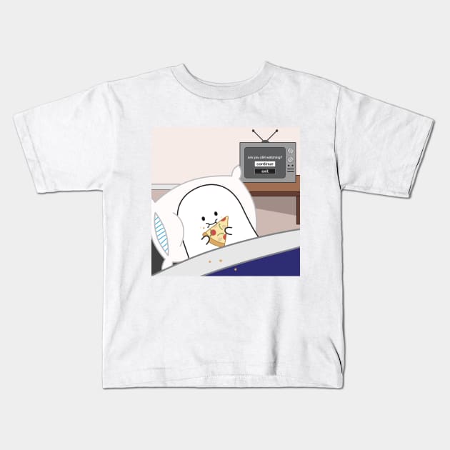 Gordie the Ghost (pizza in bed) | by queenie's cards Kids T-Shirt by queenie's cards